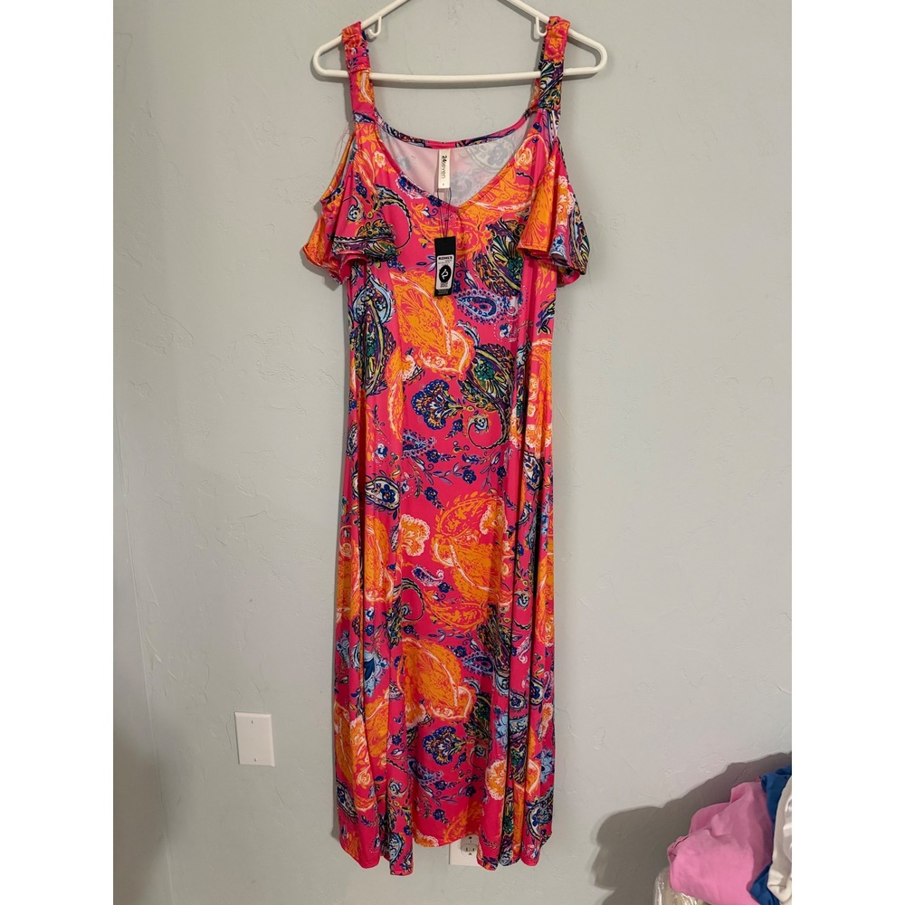 24seven Comfort Apparel Pink Paisley Cold Shoulder Maxi Dress Womens Medium NEW